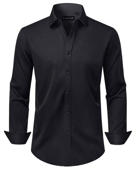 Lusead Black Slim Fit Dress Shirt for Men Long Sleeve Stretch Shirt
