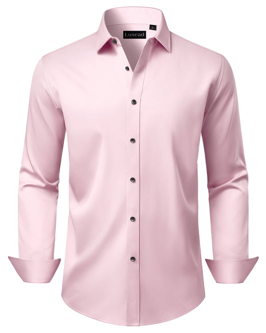 Lusead Mens Pink Dress Shirts Long Sleeve Stretch Button Up Shirt