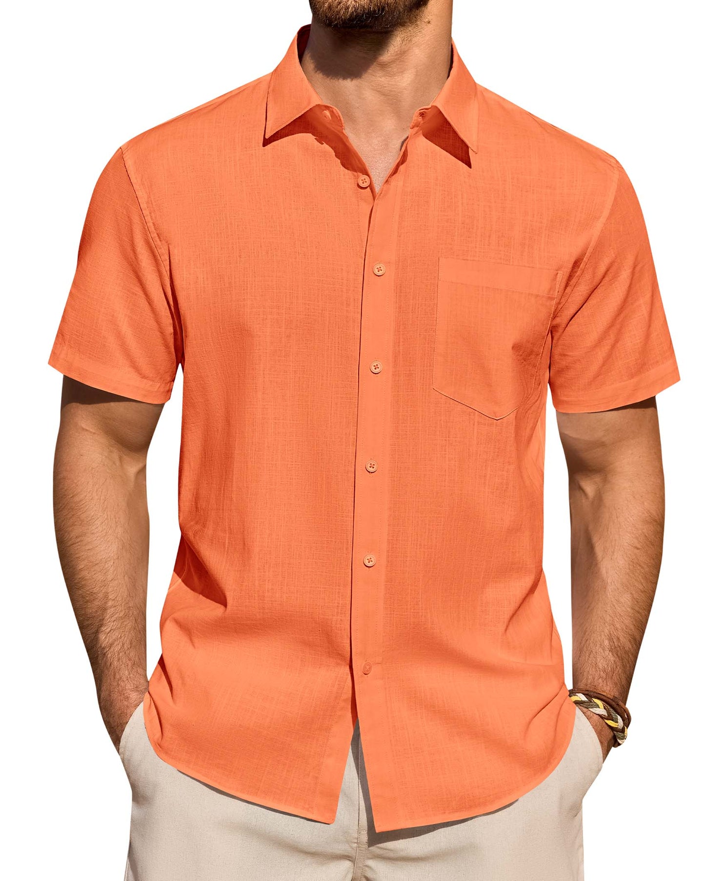 Lusead Linen Shirts for Men Short Sleeve Button Down Shirt