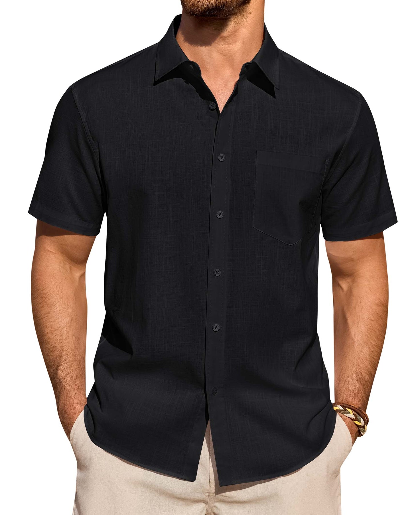 Lusead Linen Shirts for Men Short Sleeve Button Down Shirt