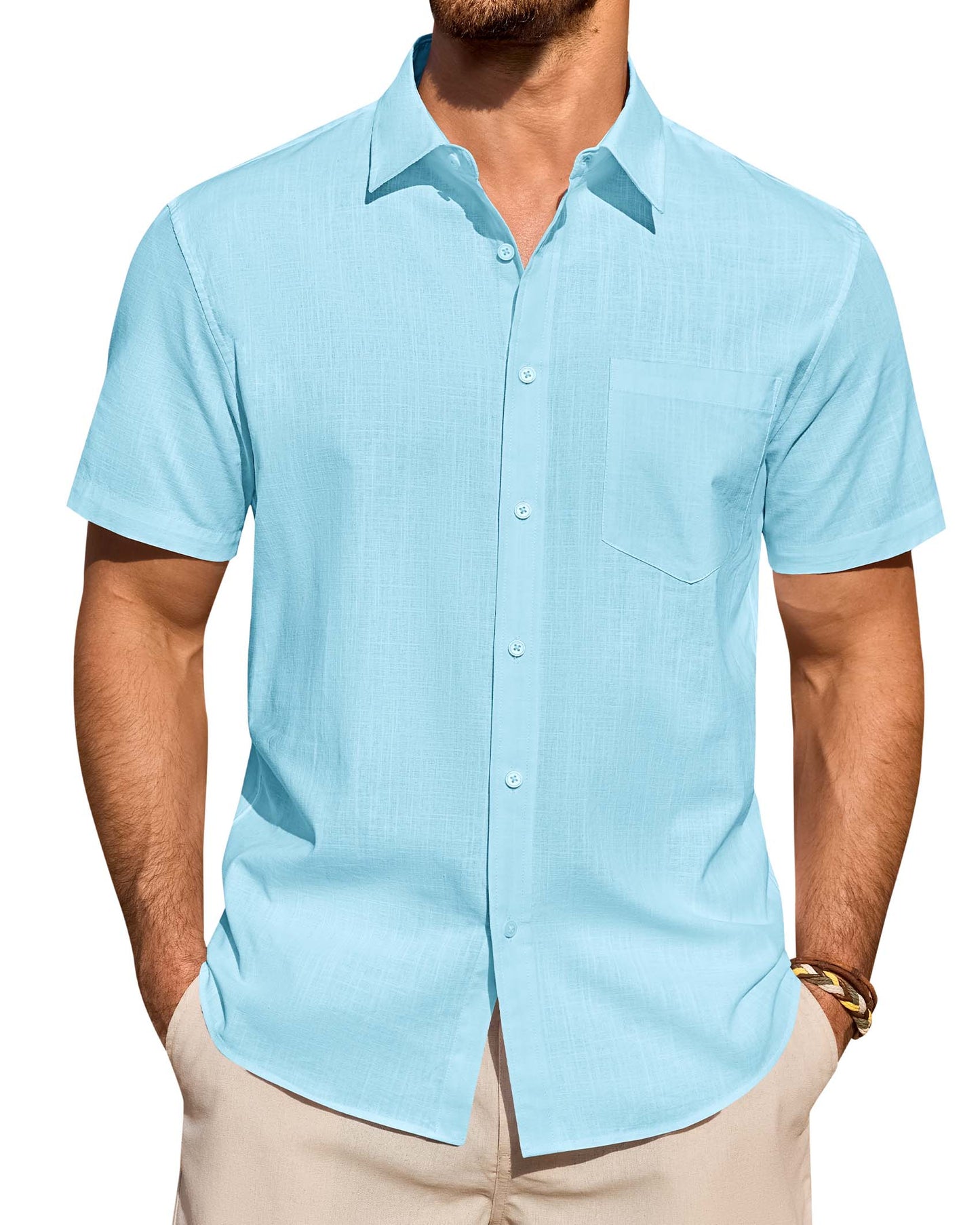 Lusead Linen Shirts for Men Short Sleeve Button Down Shirt