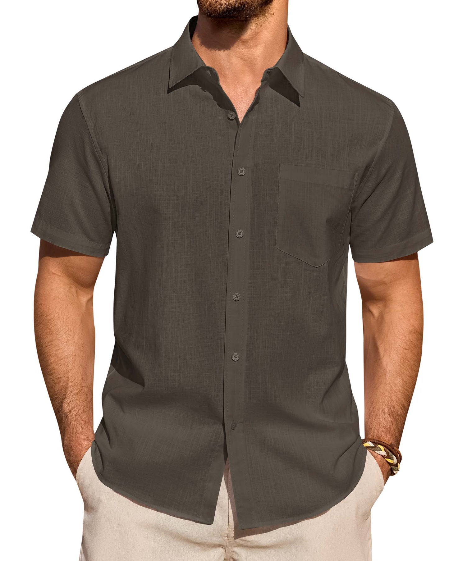 Lusead Linen Shirts for Men Short Sleeve Button Down Shirt