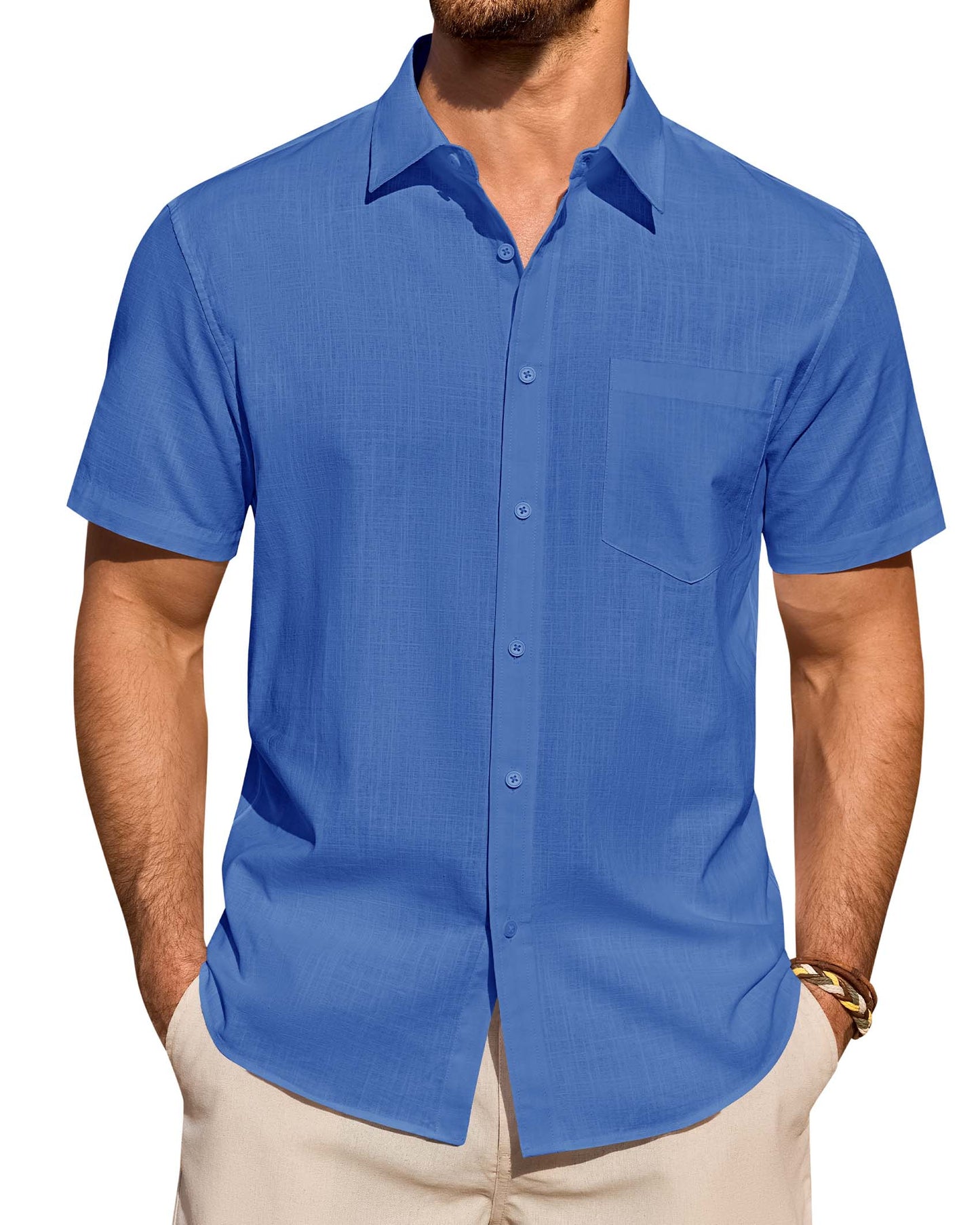 Lusead Linen Shirts for Men Short Sleeve Button Down Shirt