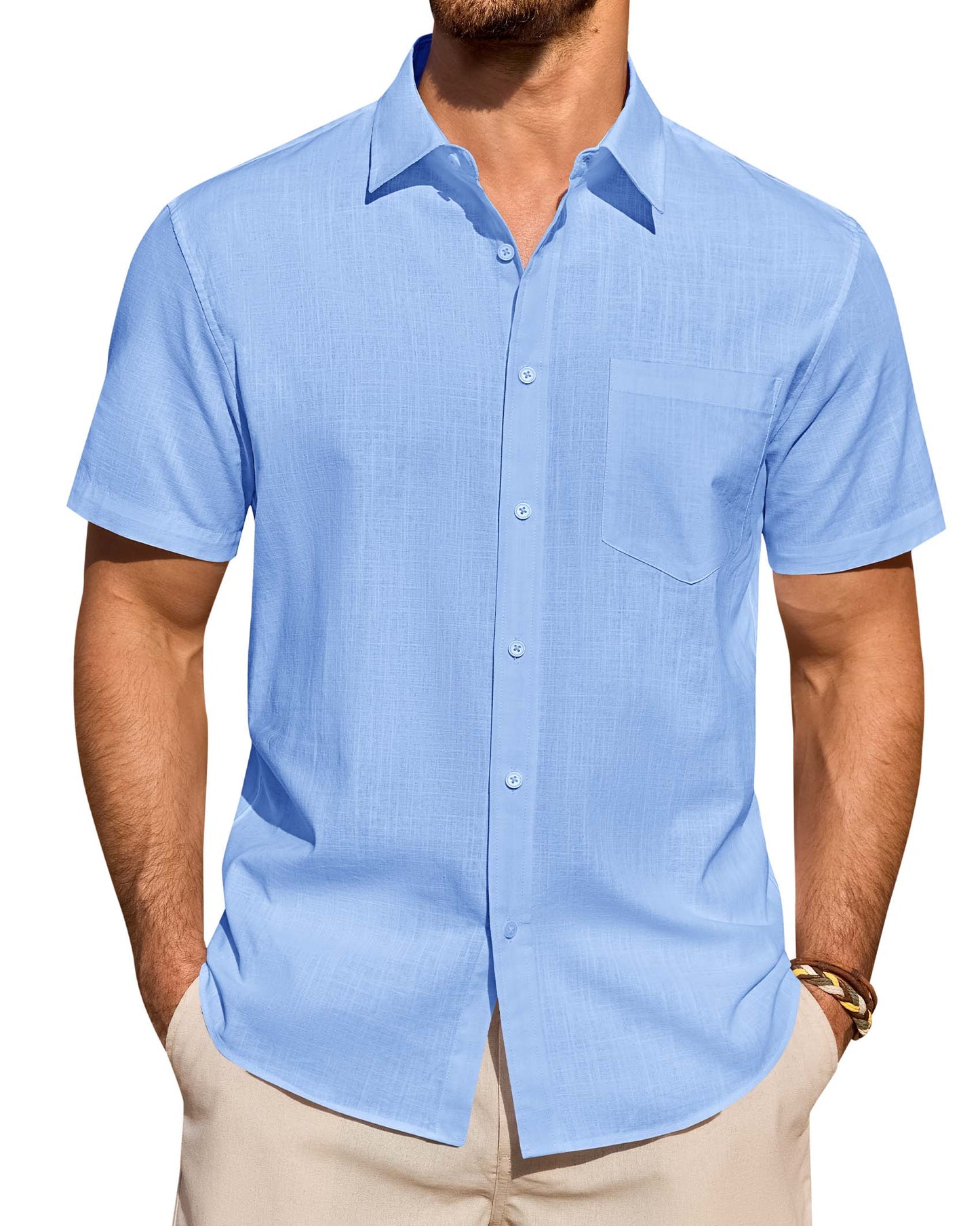 Lusead Linen Shirts for Men Short Sleeve Button Down Shirt