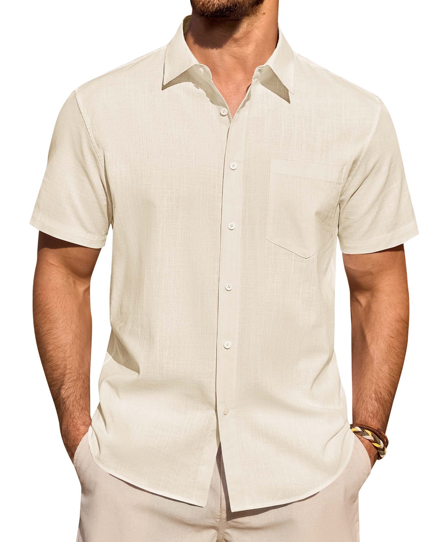 Lusead Linen Shirts for Men Short Sleeve Button Down Shirt