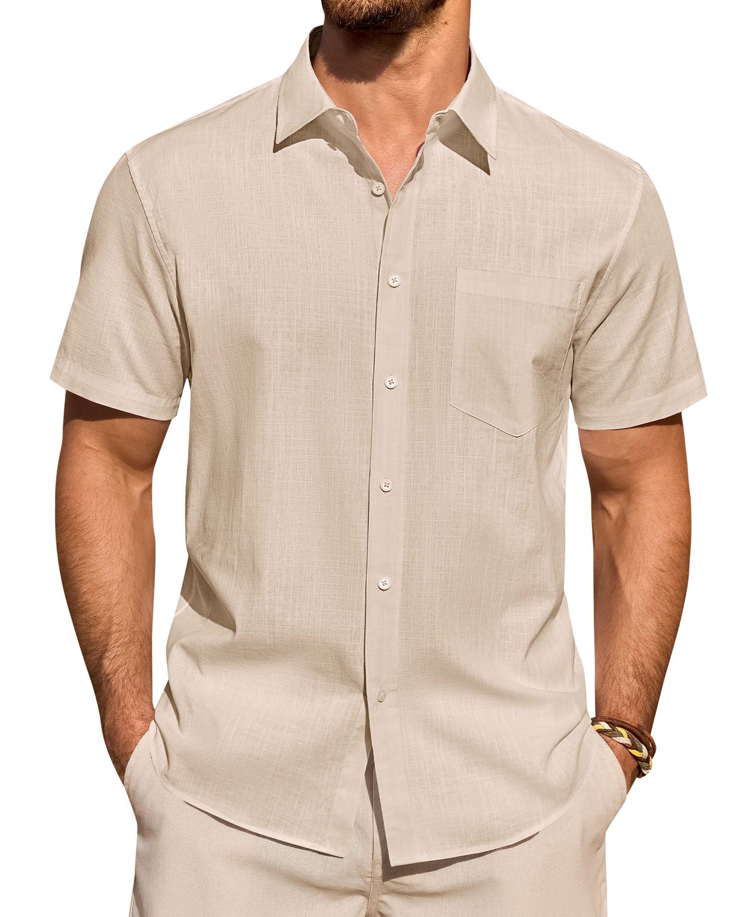 Lusead Linen Shirts for Men Short Sleeve Button Down Shirt