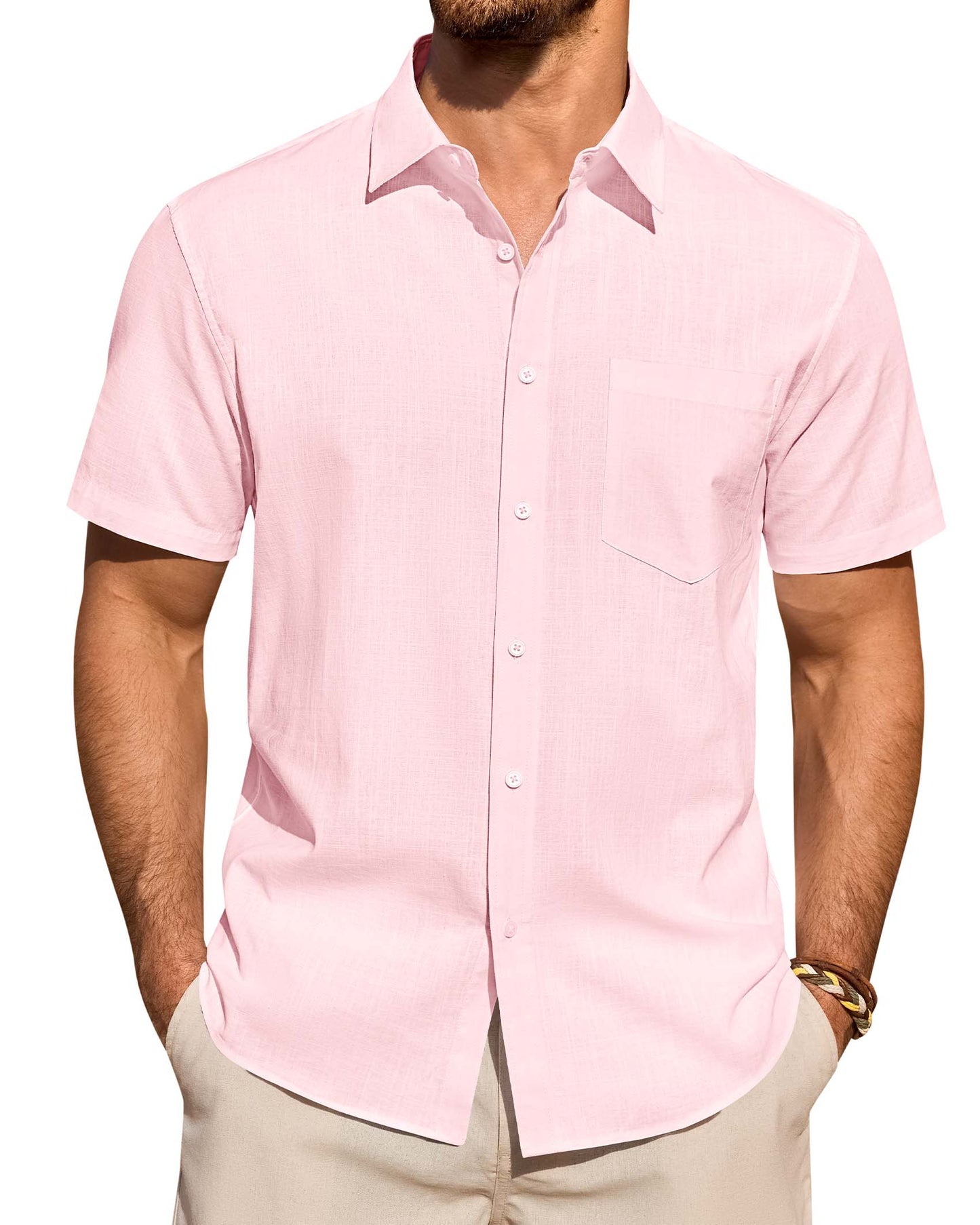 Lusead Linen Shirts for Men Short Sleeve Button Down Shirt