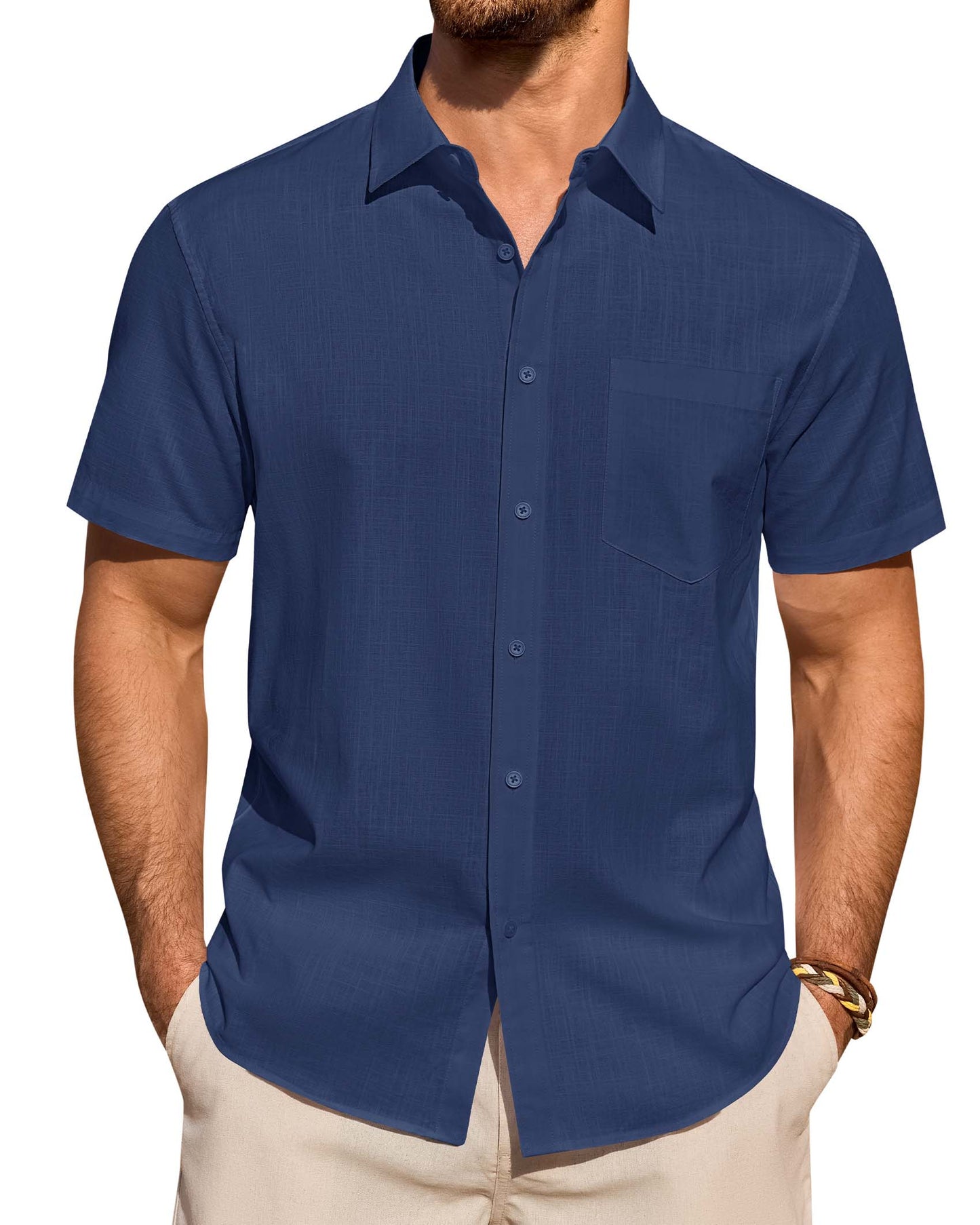 Lusead Linen Shirts for Men Short Sleeve Button Down Shirt