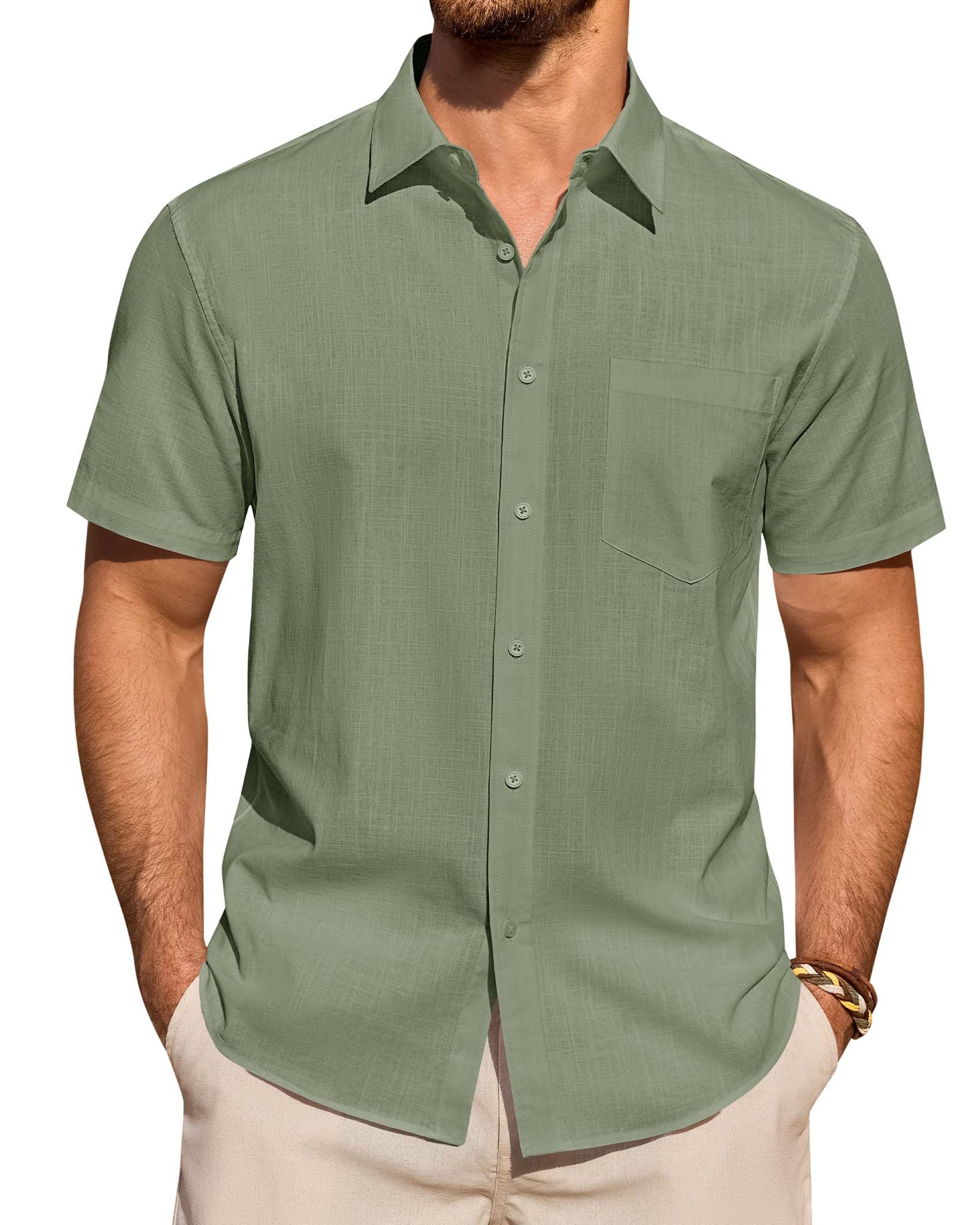 Lusead Linen Shirts for Men Short Sleeve Button Down Shirt