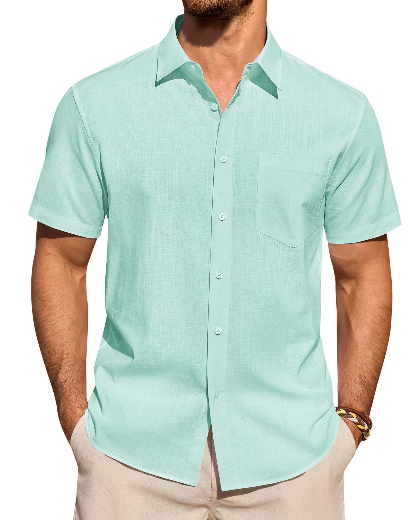 Lusead Linen Shirts for Men Short Sleeve Button Down Shirt