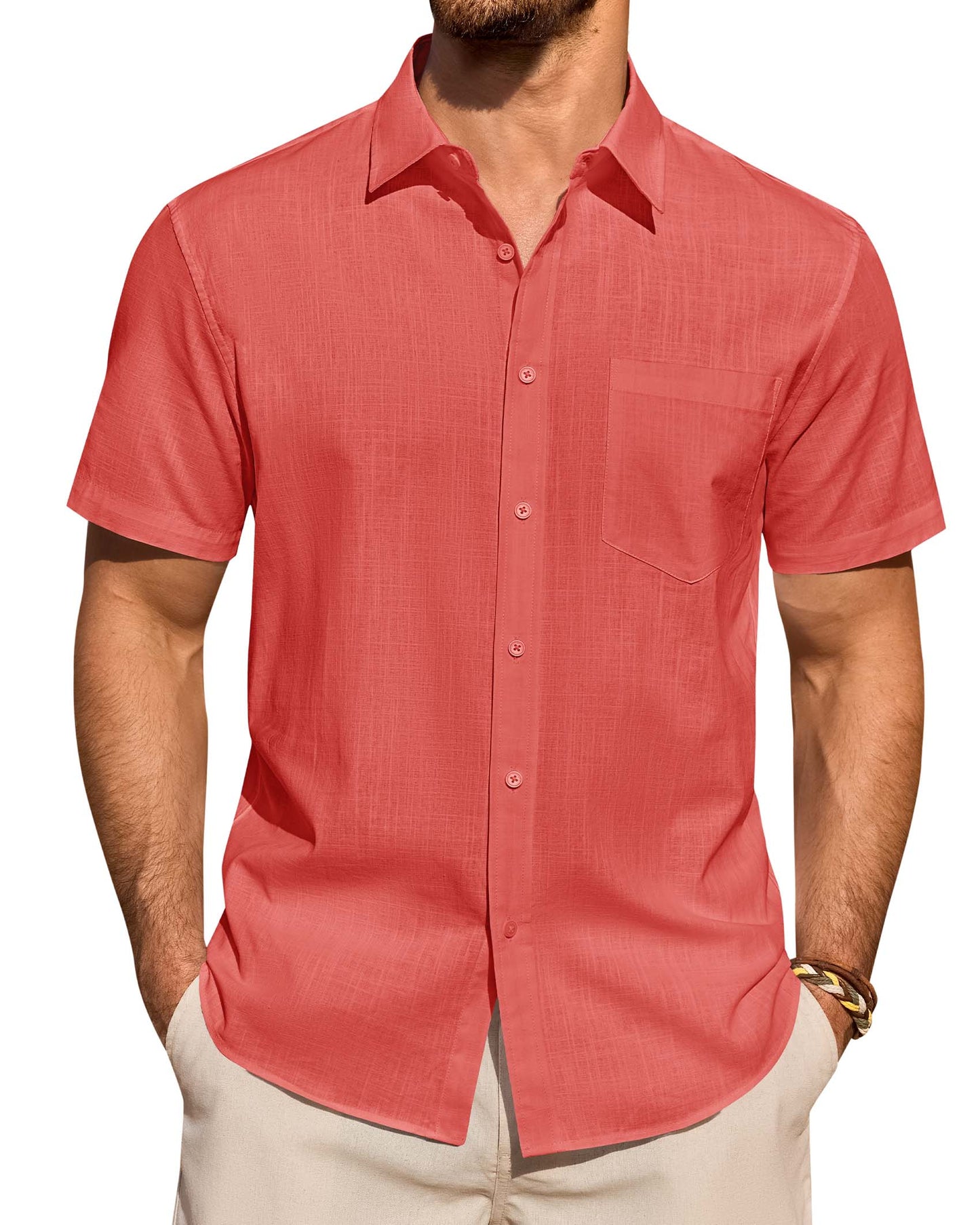 Lusead Linen Shirts for Men Short Sleeve Button Down Shirt