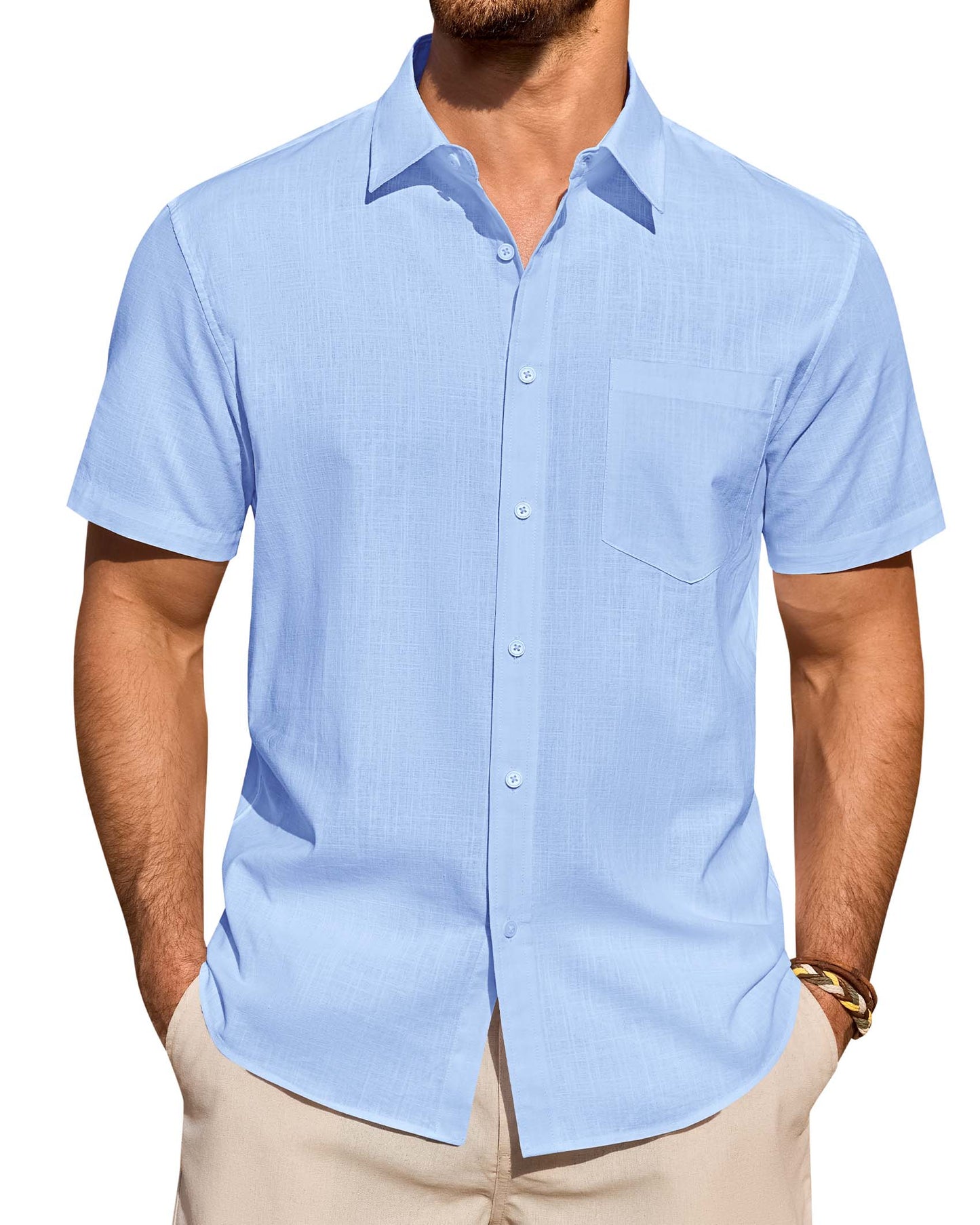 Lusead Linen Shirts for Men Short Sleeve Button Down Shirt