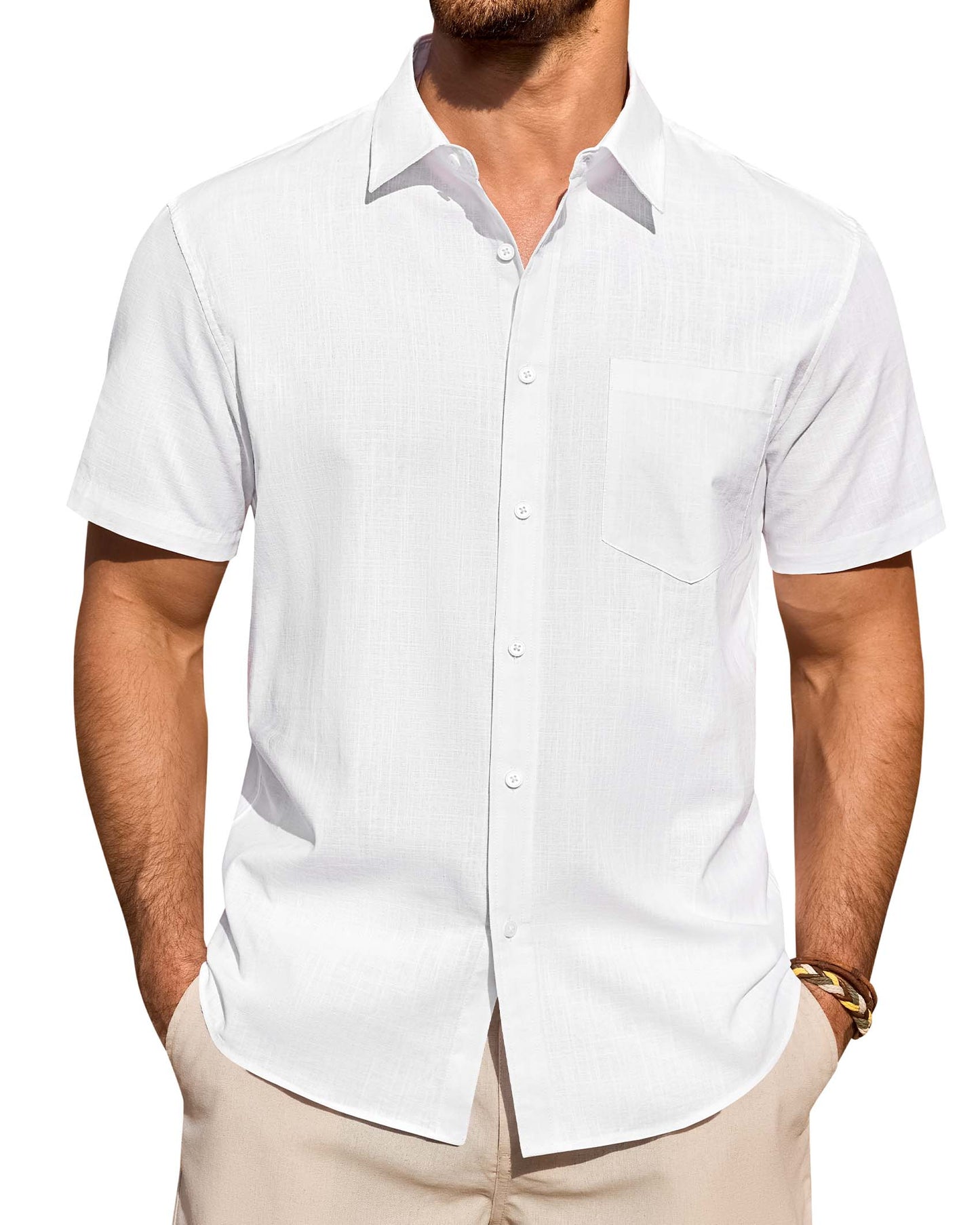 Lusead Linen Shirts for Men Short Sleeve Button Down Shirt