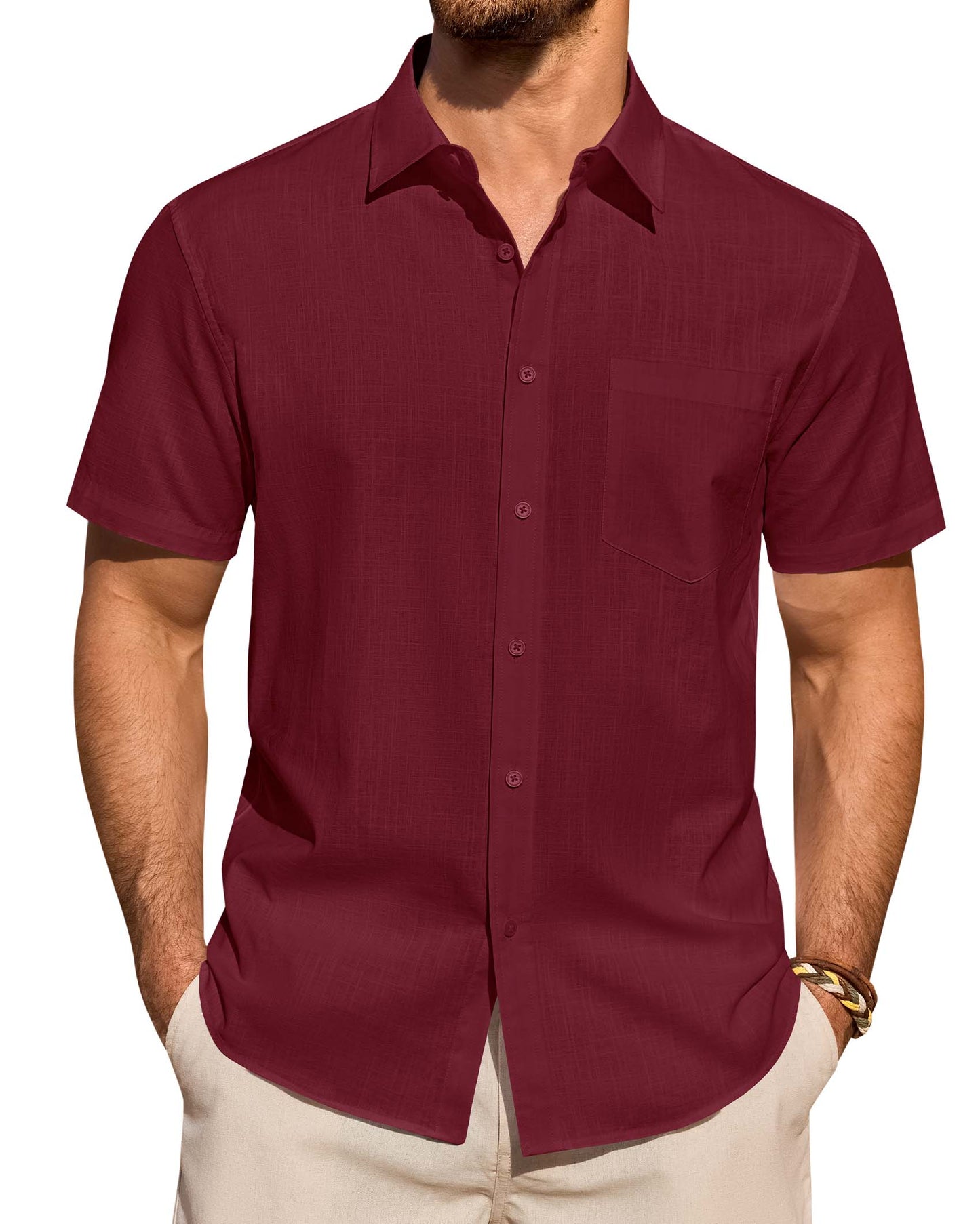 Lusead Linen Shirts for Men Short Sleeve Button Down Shirt