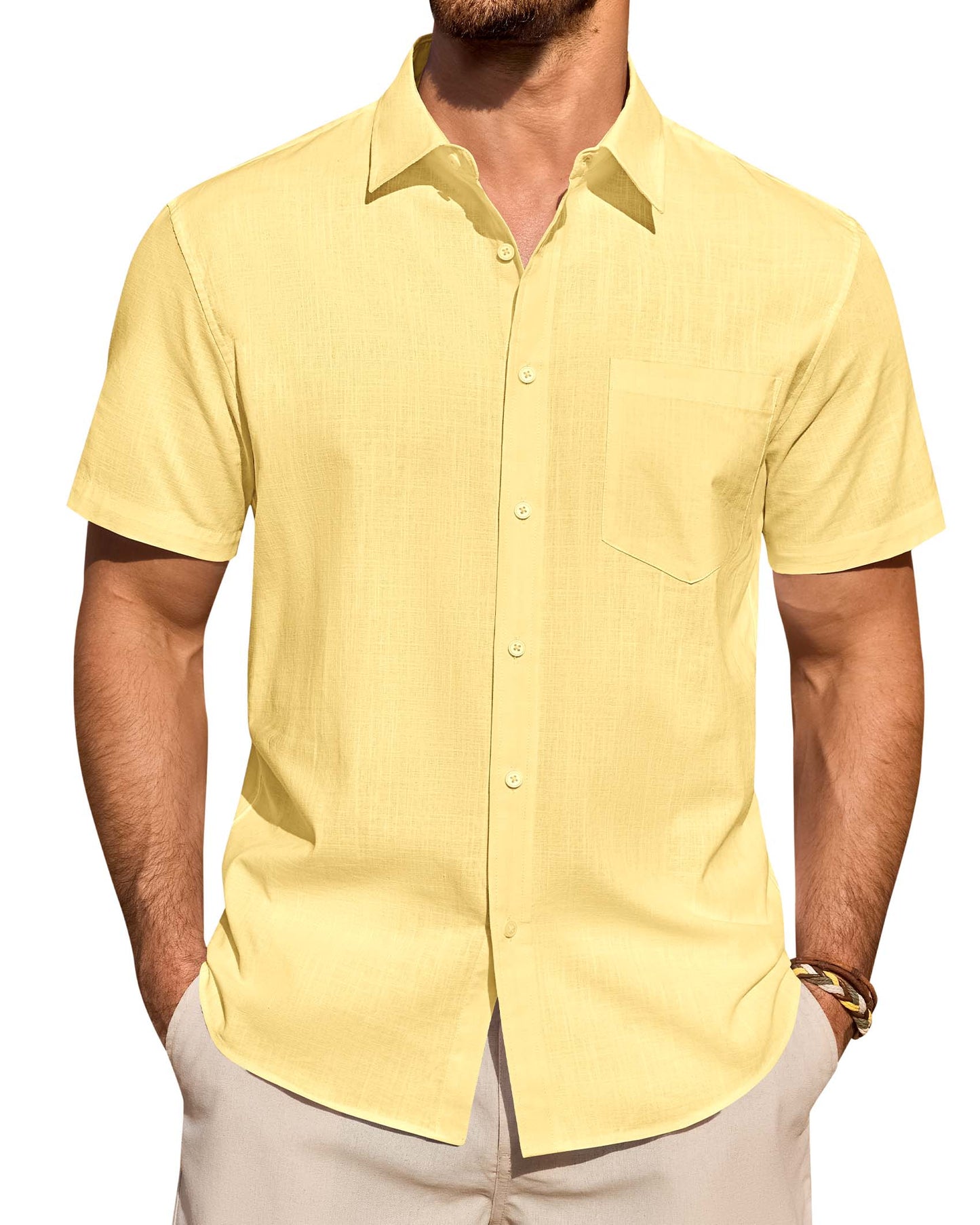 Lusead Linen Shirts for Men Short Sleeve Button Down Shirt